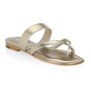 Manolo Blahnik Susa Platinum Leather Flat Sandals